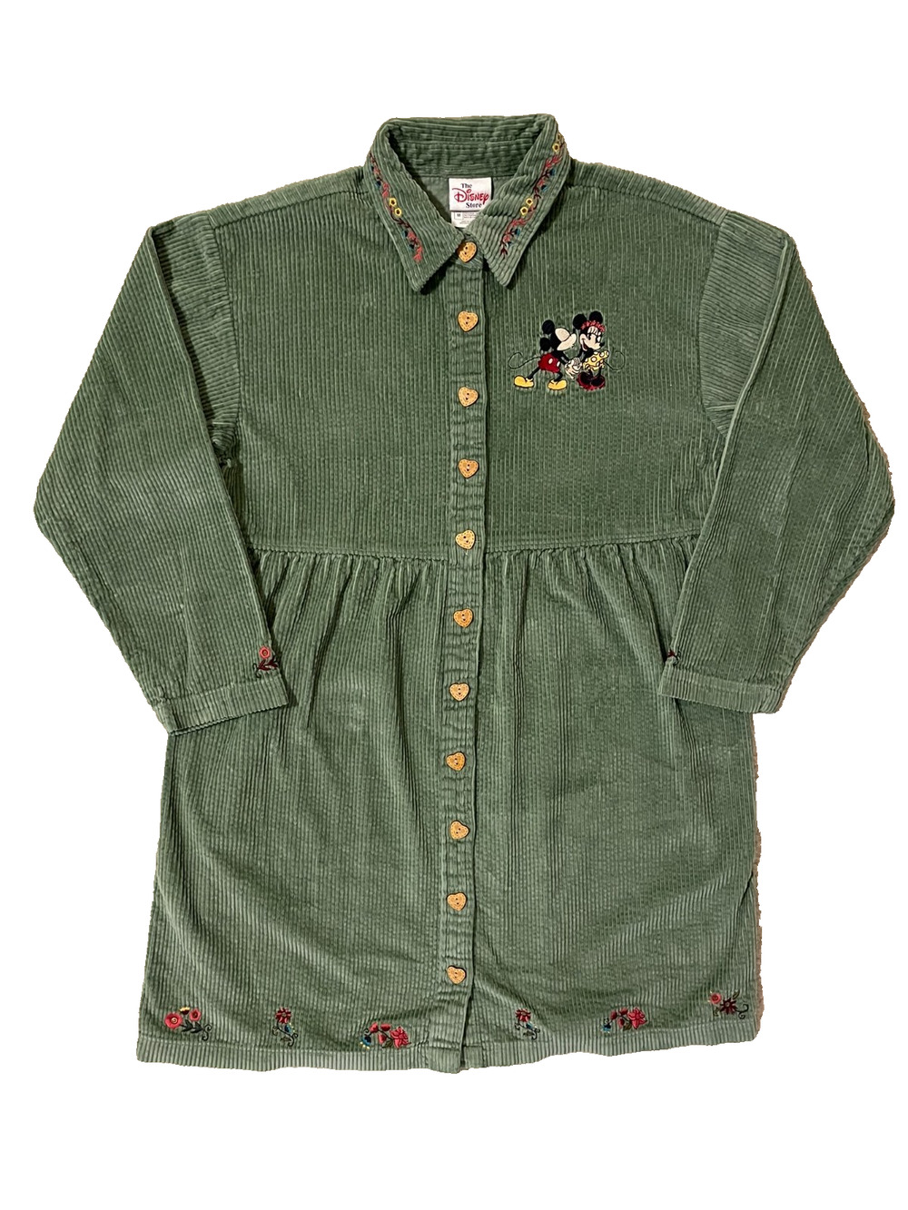 Y2K 90s The Disney Store Sz M Green Corduroy Minnie & Mickey Dress Embroidered